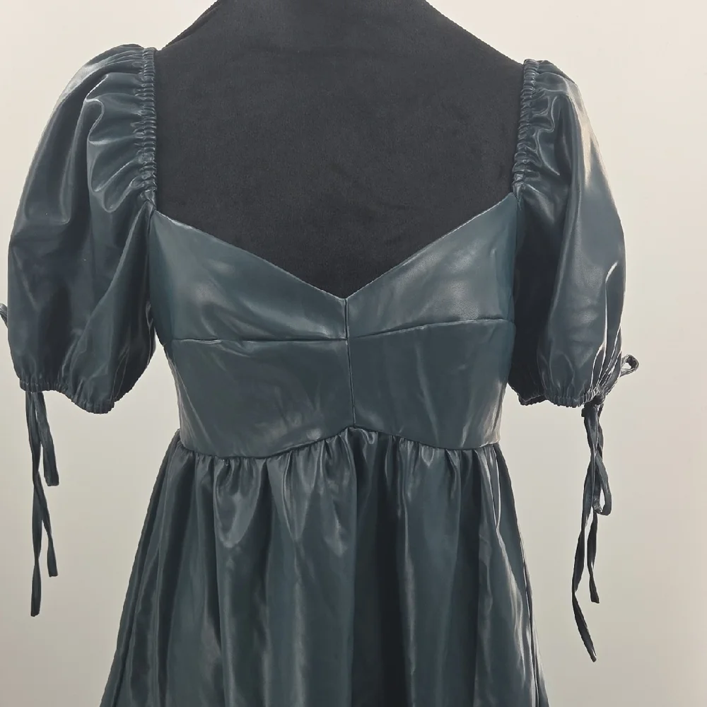 Chic Dark Green Faux Leather Puff Sleeve Mini Dress - Picture 6 of 16